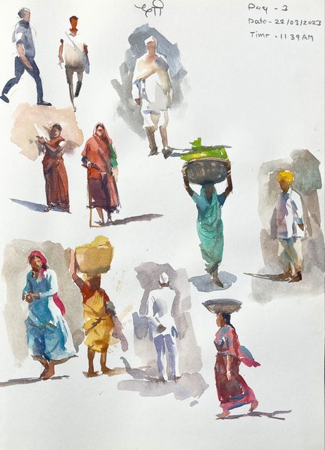 Watercolour Human Figures, Indian Human Figure Sketches, Human Figure Watercolor, Watercolor Human Figures, Human Figure Study, Easy Architecture Sketch, Watercolour Figures, Watercolour Sketching, Watercolour People