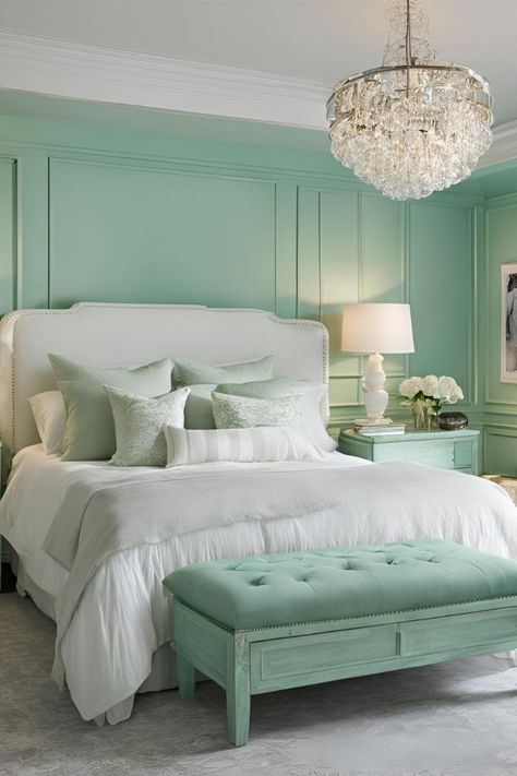 Imagine waking up each day to the soothing sounds of the ocean and gentle sunlight dancing on your walls. A modern coastal bedroom combines tranquility with Seafoam Bedroom, Rich Bedroom, Seafoam Green Bedroom, Modern Coastal Bedroom Ideas, Light Green Bedrooms, Mint Green Bedroom, Coastal Style Bedroom, Modern Coastal Bedroom, Green Bedroom Ideas