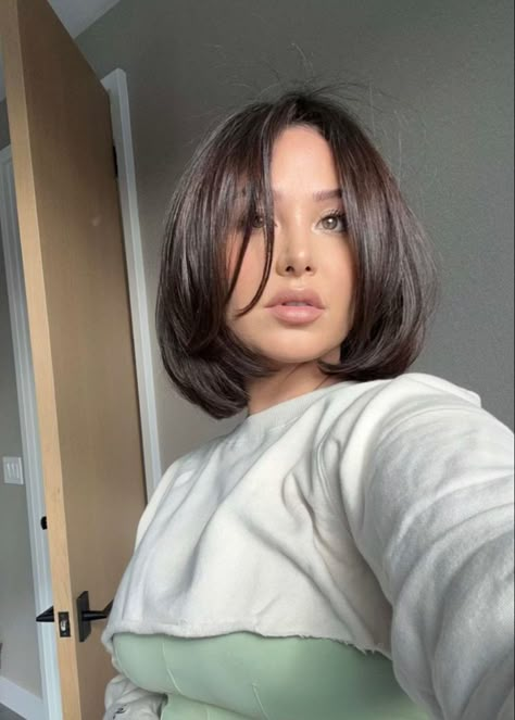 Short Hair Layered Cut For Round Face, Catherine Paiz Short Hair, Chin Length Bob With Side Bangs, Short Above Shoulder Length Hair, Front Layers Short Hair, Bob And Glasses, Kim K Short Hair, Plus Size Bob Haircut, Short Hair On Round Face