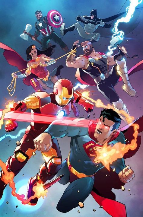 Marvel's Avengers take on DC's Justice League in a battle of different Earth's Mightiest Heroes in this epic crossover art from Stephen Byrne. Dc And Marvel Crossover Art, Thor Vs Superman, Avengers Vs Justice League, Art Dc Comics, Dc Comics Vs Marvel, Marvel And Dc Crossover, Dc Trinity, Dc Comics Wallpaper, Marvel Artwork