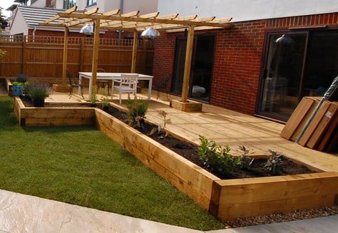 Raised Deck, Raised Patio, Railway Sleepers, Apartment Patio, Front Patio, Brick Patios, Patio Makeover, Pergola Patio, Garden Borders