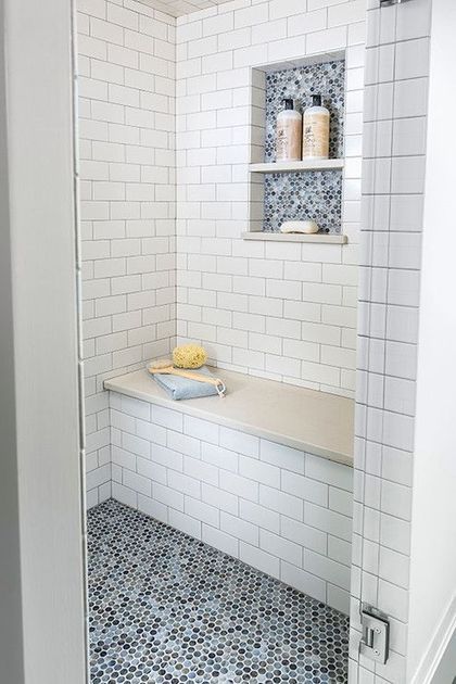 45 Trendy Penny Tiles Ideas For Bathrooms Tudor Bathroom, Penny Tiles Bathroom, White Subway Tile Shower, Tile Shower Niche, Best Bathroom Flooring, White Tile Shower, Modern Tudor, Trendy Bathroom Tiles, Grey Bathroom Tiles