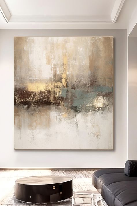 Original handmade beige abstract painting with textured brushstrokes in neutral tones, gold accents, and teal highlights Neutral Abstract Paintings, Gold Art Painting, Textured Artwork, Gold Art, Abstract Paintings, Modern Painting, Abstract Wall, Neutral Tones, Large Wall Art