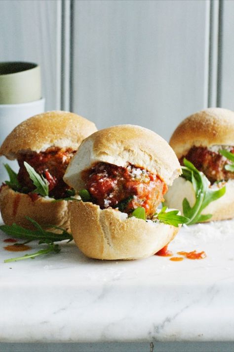 Sophie Flay, Bobby Flay Meatballs, Parm Sliders, Meatball Sliders Recipes, Meatball Parm, Celebrity Chef Recipes, Bobby Flay Recipes, Meatball Sliders, Hot Sandwich