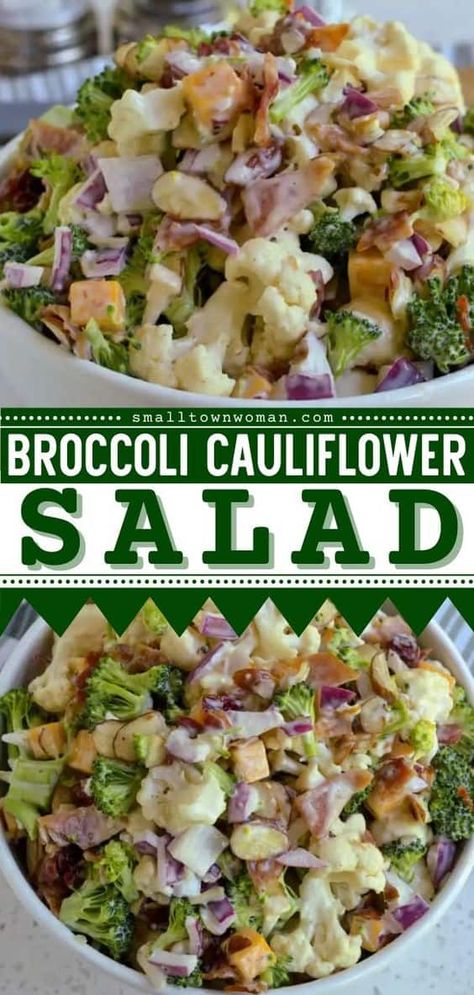 Brocolli Cauliflower Salad, Salad Jars, Broccoli Cauliflower Salad, Broccoli And Cauliflower, Easy Broccoli, Grilled Pork Tenderloin, Bacon Salad, Salad Dishes, Cauliflower Salad