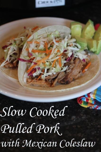 Slow Cooked Pulled Pork with Mexican Coleslaw - Lynn's Kitchen Adventures Pork Tacos Crockpot, Summer Slow Cooker, Mexican Coleslaw, Pulled Pork Tacos Recipe, Coleslaw For Pulled Pork, 100 Days Of Summer, Slow Cooker Chicken Fajitas, Summer Slow Cooker Recipes, Slow Cooked Pulled Pork