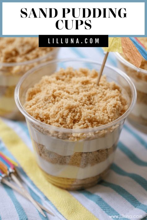 Crumbly and creamy sand pudding cups are a tasty beach inspired treat. Enjoy a quick and easy sandy escape perfect for sharing!! #sandpuddingcups #puddingparfaits #summertreats #pudding #beachtreats Sand Dessert Recipe, Sand Pudding Cups, Sand Pudding Dessert, Luau Desserts, Sand Dessert, Gabby Party, Sand Pudding, Pudding Cup Recipes, Vbs Snacks