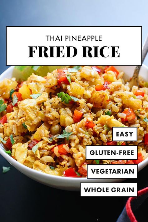 This Thai pineapple fried rice is a healthy and quick, weeknight vegetarian dinner! This sweet and spicy fried rice features fresh pineapple, red bell pepper, cashews and cilantro. #cookieandkate #vegetarian #weeknight #healthyrecipe #friedrice Spicy Fried Rice, Thai Pineapple Fried Rice, Pineapple Fried Rice Recipe, Pineapple Fried Rice, Arroz Frito, Fresh Pineapple, Fried Rice Recipe, Vegetarian Dinner, Red Bell Pepper