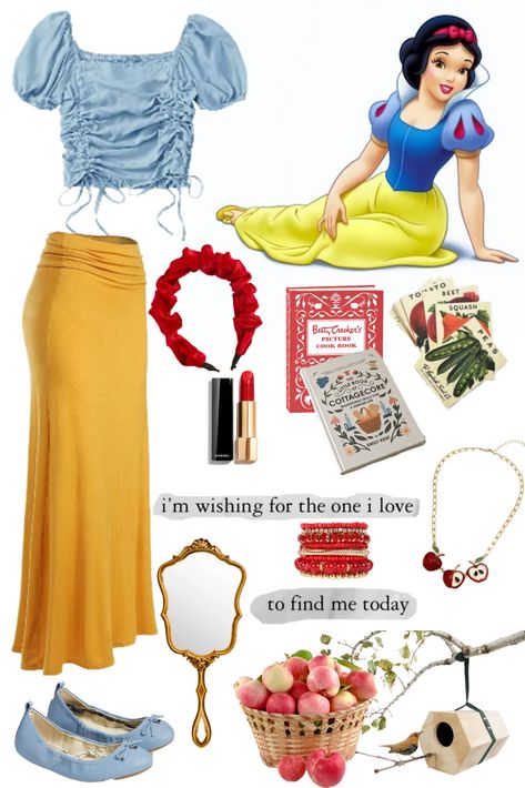 Blue puff sleeve shirt paired with a yellow maxi skirt. Blue flats. Red scrunched headband. Gold necklace with three apple charms. Stack of red and gold bracelets. Red lipstick. Cookbook and a guide to "Living Cottage core". Snow White Dress Aesthetic, Snow White Inspired Outfits Women, Snow White Aesthetic Modern Outfit, Modern Snow White Outfit, Snow White Casual Outfit, Snow White Outfit, Disney Princess Inspired Outfits, Snow White Outfits, Descendants Dr