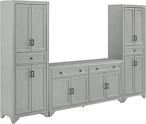 Crosley Furniture Tara 3-Piece Sideboard and Pantry Set, Distressed Gray Modern Farmhouse Sideboard, Storing Dishes, Large Cabinets, Farmhouse Sideboard Buffet, Wood Entertainment Center, Farmhouse Sideboard, Sideboard Grey, Modern Farmhouse Design, American Signature Furniture