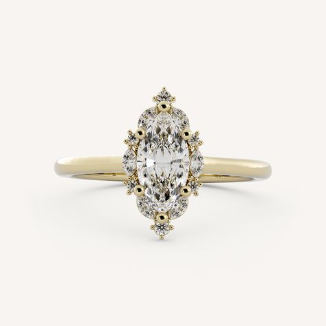 Vida features a marquise center stone with an intricate halo of round and marquise stones in a cathedral setting on a half round shank. Olive Avenue Engagement Ring, Marquee Engagement Rings, Marquise Engagement Rings, Marquis Diamond, Dream Rings, Vintage Inspired Engagement Rings, Cathedral Setting, Ring Inspo, Marquise Diamond Ring