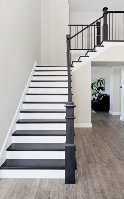 Black Stairs White Walls, Black Indoor Stairs, Matte Black Railing Stairs, Painted Black Stair Railing Modern, Contrasting Floors Between Rooms, French Country Stair Banister, Stairs White And Black, Dark Banister Light Floors, Dark Gray Staircase