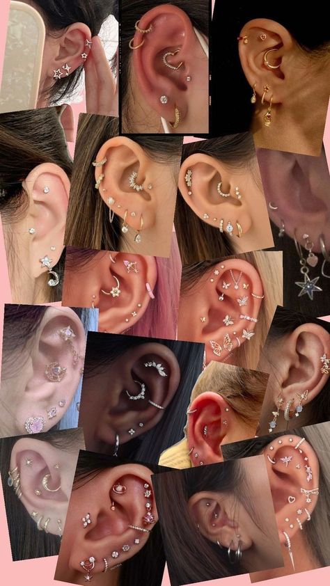 Girl Piercings, Different Ear Piercings, Ear Peircings, Piercings Ideas, Cute Nose Piercings, Ear Piercings Chart, Bellybutton Piercings, Cool Ear Piercings, Pretty Ear Piercings