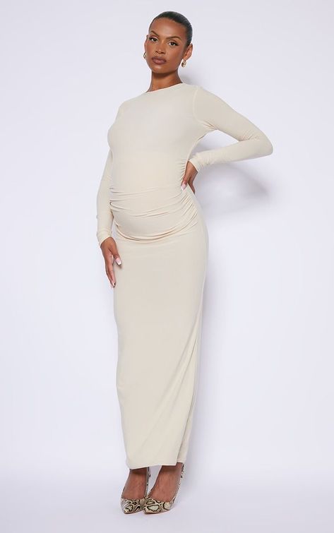 Maternity Stone Soft Touch Ruched Maxi Dress -  #Dress #Maternity #maxi #Ruched #Soft #Stone #touch Baby Shower Outfits For Mum, Elegant Pregnancy Outfits, Baby Shower Outfits For Mom, Baby Shower Maternity Dress, Maxi Dress Maternity, Maternity Suit, Plus Size Corset Dress, Plus Size Corset Tops, Pregnant Outfits