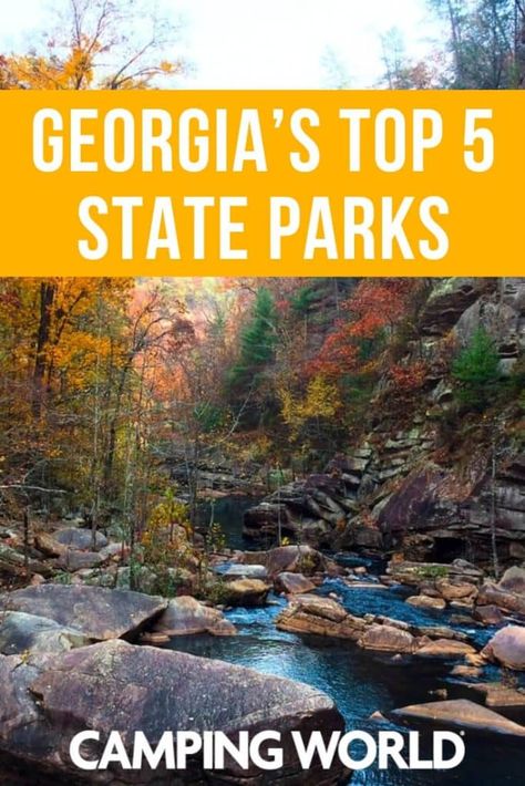 Georgia is home to some of the most beautiful areas in the whole country. Many of the state’s best attractions and natural landscapes can be found within the state parks. If you’re looking for fun activities to do while camping in Georgia, look no further. Here’s the information you need to know about Georgia’s top 5 state parks. #georgia #stateparks #rvtips #rving #rvlife #camping #rvliving Georgia State Parks, Horseback Riding Trails, Cloudland Canyon, State Park Camping, Georgia Vacation, North Georgia Mountains, Georgia Travel, Georgia Mountains, Camping Destinations