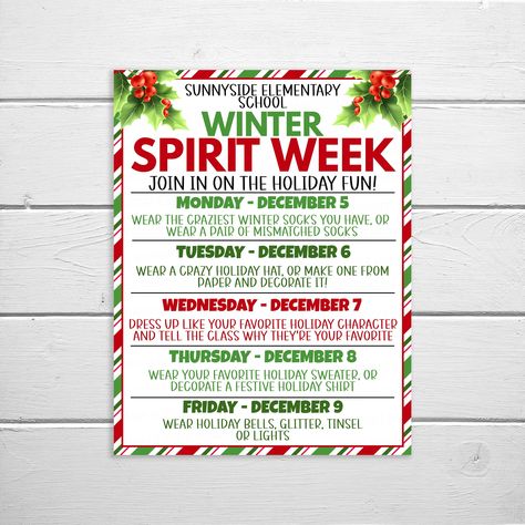 Christmas Spirit Week, Holiday Spirit Week, School Spirit Week, School Spirit Days, Holiday Hats, Weird Holidays, School Event, Weekly Calendar, Spirit Week