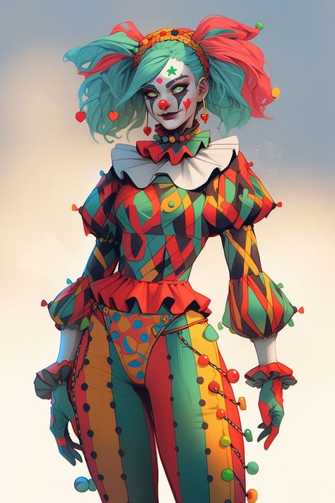 Female Court Jester, Female Jester Art, Dnd Jester Character, Clown Character Art, Dnd Clown, Court Jester Character Design, Jester Dnd, Circus Oc Art, Circus Character Design