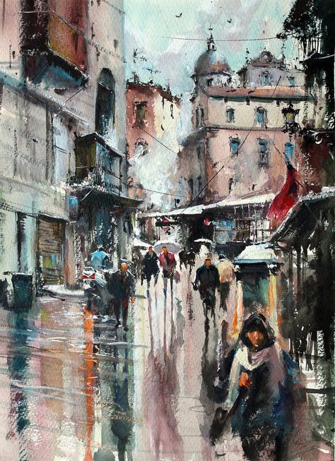 Market Scene Watercolour Painting, Impressionism Cityscape, Architecture Market, Impressionism Watercolor, Market Painting, Cities Painting, Market Scene, Rain Painting, Art Watercolor Painting