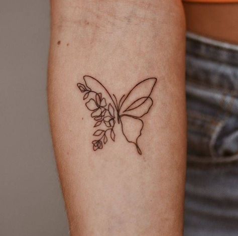 Half Butterfly Half Words Tattoo, No Flower Tattoos, Half Butterfly Tattoo Small, February Butterfly Tattoo, Butterfly To Flower Tattoo, Butterfly With Half Flowers Tattoo, Butterfly Tattoo Flower Wings, Half Inch Tattoo, Dainty Butterfly Flower Tattoo