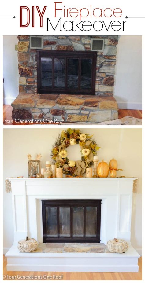 How to update an old outdated fireplace - Four Generations One Roof #homeimprovement #fireplace #diy 1970 Fireplace, Updating Fireplace, 1970s Fireplace, White Fireplaces, Step Makeover, Update Fireplace, Fireplace Facelift, Dramatic Fireplace, Mantle Makeover