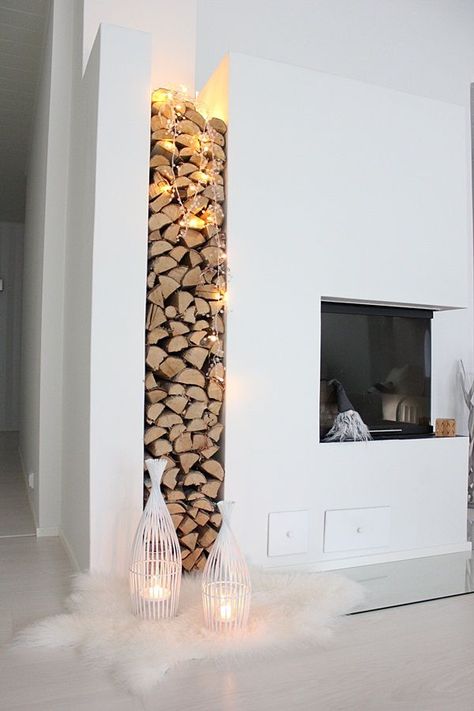 25 Cool Firewood Storage Designs For Modern Homes Design Camino, Design Interior Modern, Log Wall, Firewood Rack, Firewood Storage, Boho Deco, Room Deco, Home Fireplace, In The Corner