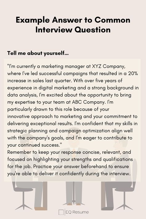 Prepare for your next interview with EQ Resume's example answer to a common interview question. Gain insights on how to craft a compelling response and ace your interview! #interviewtips #interviewquestion #EQResume #careeradvice #jobsearch #careerdevelopment #jobhunt #professionalgrowth #interviewprep #jobapplication Virtual Interview Tips, How To Prepare For An Interview, Tell Me About Yourself Interview Answer, Interview Answers Examples, Best Interview Answers, Quotes For College, Job Interview Prep, Job Interview Answers, Interview Techniques