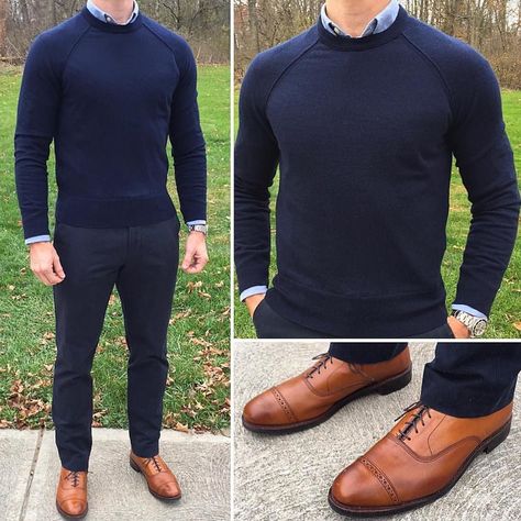 Perfect business casual from @chrismehan   Pages to upgrade your style  @stylishmanmag  @shopthatgrid Stylish Man, Brown Shoes, Mens Wear, Work Style, Business Casual Men, Mens Winter Fashion, Weekend Outfit, Blue Sweater, Gentleman Style