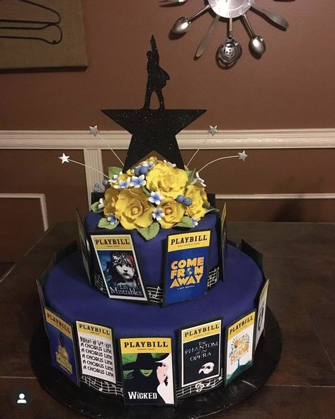 Theatre Birthday Cake, Cake With Yellow Roses, Blue Fondant Cake, Broadway Cake, Theatre Cake, Broadway Theme, Broadway Party, Accent Flowers, Cool Cake Designs