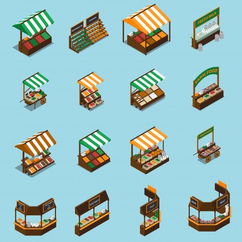 Farm market stall set Free Vector | Free Vector #Freepik #freevector #sale #farm #fruit #shop Market Tent, Presentation Board Design, Revit Family, Isometric Art, Farm Market, Isometric Illustration, Architecture Concept Drawings, Market Stall, Market Stalls