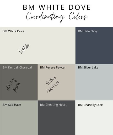 Whole House Paint Scheme Transitional, Revere Pewter Cabinets White Dove Walls, White Dove And Kendall Charcoal, Greige House Interior, Revere Pewter Coordinating Paint Colors, Bm Revere Pewter Coordinating Colors, Home Color Schemes Interior Modern, White Dove And Revere Pewter, Revere Pewter Trim