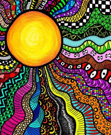 Sun Doodle, Trippy Drawing Ideas, Art Soleil, Trippy Drawings, Art Hippie, Drawing Ideas Easy, Trippy Painting, Hippie Painting, Zentangle Designs