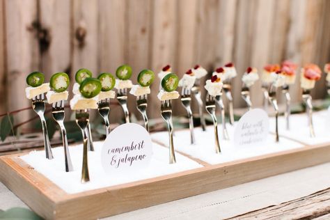 cheese fork wedding display idea - tomkat studio Wedding Cheese, Cheese Display, Deco Buffet, Buffet Party, Vintage Forks, Catering Display, Unique Food, Wedding Display, Food Stations