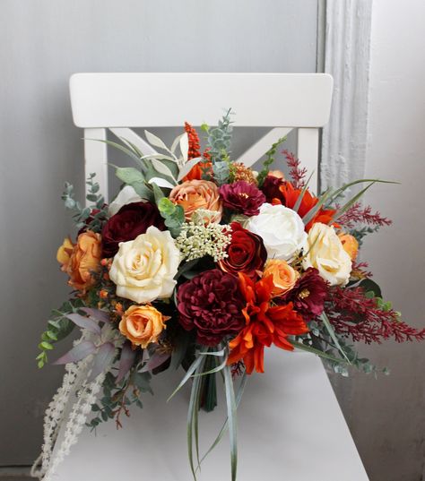 Burgundy And Orange Bouquet, Fall Color Bridal Bouquet, Bootnearis With Burggendy Burnt Orange Forest Green And Mustard Yellow In If, Cascading Bridal Bouquets Fall, Fall Bride Bouquets, Flower Bouquet Fall Wedding, Fall Flower Bouquets, Fall Bridal Bouquet October, Autumn Flower Bouquet