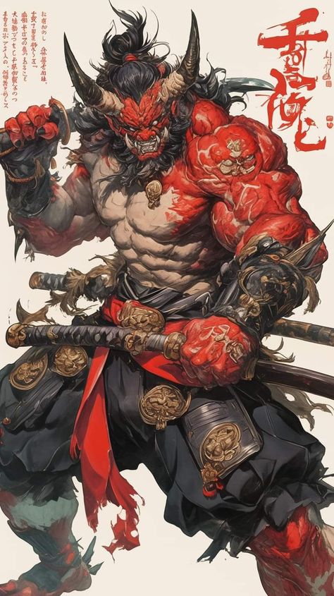 Male Oni Character Art, Dnd Oni Character Design, Oni Concept Art, Emo Anime Characters, Japanese Demon Art, Oni Character Design, Oni Character Design Male, Oni Character, Tattoo Oni