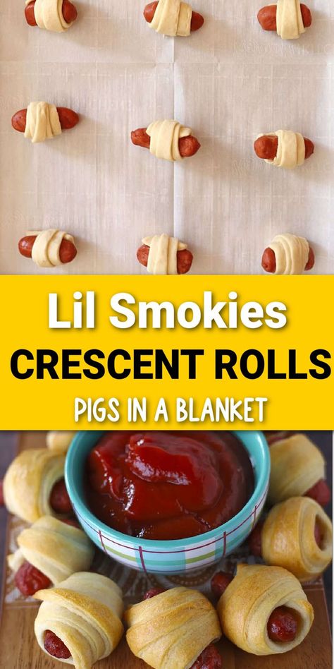 mini hot dogs wrapped in crescent rolls baked with Pinterest overlay. Smokies Crescent Rolls, Lil Smokies Crescent Rolls, Little Smokies Crescent Rolls, Delicious Party Appetizers, Bite Sized Appetizers, Sausage Crescents, Potluck Appetizers, Yummy Appetizers Parties, Little Smokies