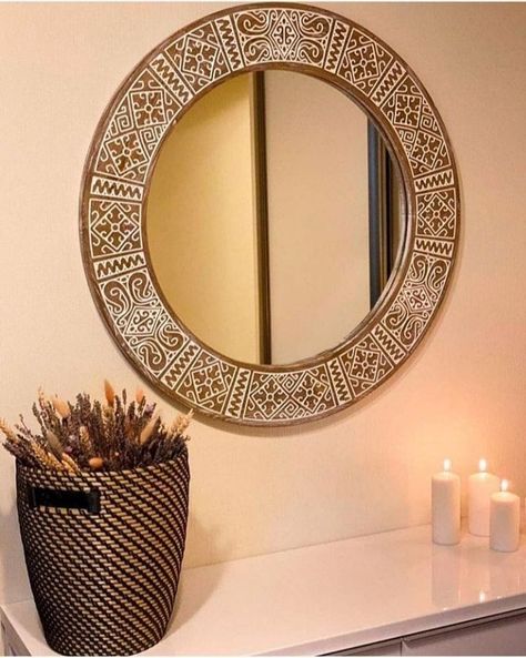 Cnc Mirror Frame Design, Mirror Frame Design, Mirror Design Ideas, Wall Mirror Ideas, Circle Wall Mirror, Mirror Decor Ideas, Mirror Interior Design, Wood Bed Design, Brown Mirror