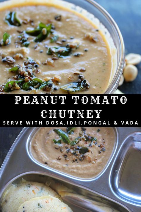 Learn how to make Indian style peanut chutney with tomato, which is served with dosa, idli, vada, uttapam and pongal.  This delicious, spicy vegan chutney or dip is a famous side to serve with Indian breakfast or snack recipes. In andhra we also call it as palli chutney or ground nut chutney.  This peanut chutney is a great substitute from the regukar coocnut chutney. #peanutchutney #idlidosachutney #groundnutchutney #pallichutney Vegan Chutney, Healthy Indian Recipes Vegetarian, South Indian Tomato Chutney, Chutney For Dosa, Idli Vada, Dosa Chutney, Tomato Chutney Recipe, Peanut Chutney, Healthy Indian Recipes