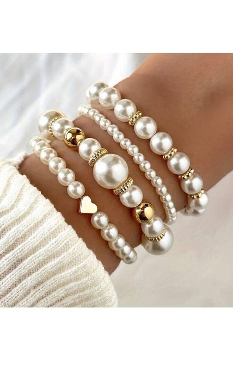 Faux Pearl Heart Beaded Bracelet Set | 4 Pieces Gold Bracelet Pearl, Jewellery Photography Inspiration, Style Feminine, Gold Bracelet Set, Faux Pearl Bracelet, Pearl Bracelets, Winter Jewelry, Diy Bracelets Easy, Pearl Heart