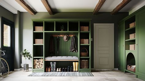 Green Utility Room, Utility Room Ideas, Small Utility Room, Mid Century Aesthetic, Freestanding Storage, Hallway Storage, Boot Room, Small Hallways, Organizing Systems