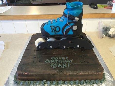 Rollerblade Cake for my 9 year old :) Roller Skating Cakes, Rollerblade Cake Ideas, Skatepark Birthday Cake, Neon Roller Skate Cake, Birthday Cake Roller Skate, Golf Bags, Themed Cakes, Cake Designs, Cake Ideas