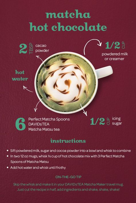 Matcha Hot Chocolate Recipe, Tea Mixology, Matcha Hot Chocolate, Te Chai, Tea Treats, Medicinal Tea, Davids Tea, Matcha Smoothie, Best Green Tea