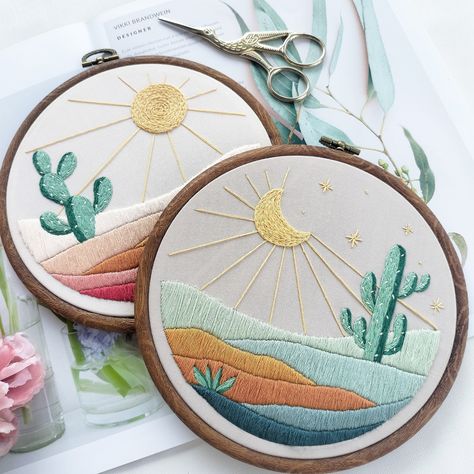 Latest Art And Craft Ideas, Mountains Embroidery, Hoop Art Wall Decor, Cactus Embroidery, Embroidery Wall, Embroidery Wall Art, Diy Broderie, Diy Embroidery Kit, Floral Embroidery Patterns