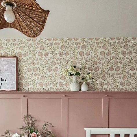 Emma | Family Home Decor & DIY | Mum of 4 on Instagram: "Swipe to see the makeover stages in the bedroom 🌸 I think that adding the pink and the wall panelling has added character where none existed before...BUT...  ...Honest truth, this room makeover still isn't finished. I still have furniture to upcycle, we need to save up for a new bed, im thinking of carrying the wall panelling all around the room rather than just one feature wall, and I'm not sold on the wallpaper 😬🫣...it is beautiful but I think combined it's a little bit too pink, what do you think?  #pinkbedroom #roommakeover #wallpanelling #pinkpanelling #bedroommakeover" Bedroom Wallpaper And Paneling, Floral Wallpaper With Panelling, Small Nursery Panelling, Girly Accent Wall Ideas, Wallpaper Above Panelling Bedroom, Wallpaper And Panelling Nursery, Dusty Pink Panelling Bedroom, Sulking Room Pink Panelling, Pink Panneling Girls Room