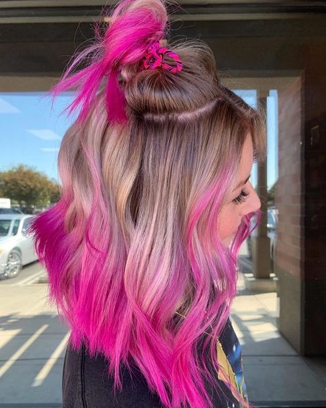 Balayage Purple Hair Blonde, Hot Pink And Blonde Hair Highlights, Hot Pink Roots Blonde Hair, Unique Vivid Hair, Vivid Color Money Piece, Bold Money Piece Hair Color, Blonde And Vivid Hair Color Ideas, Blonde Vivid Hair, Hair Color Ideas Vivid