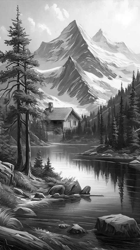 Grayscale Coloring Pages Landscapes, Landscape Drawing Ideas Sketch, Pencil Drawings Landscape, Nature Pencil Drawings, Landscape Sketch Pencil, Landscape Tattoo Design, Sketching Landscape, How To Draw Mountains, Pencil Sketches Landscape