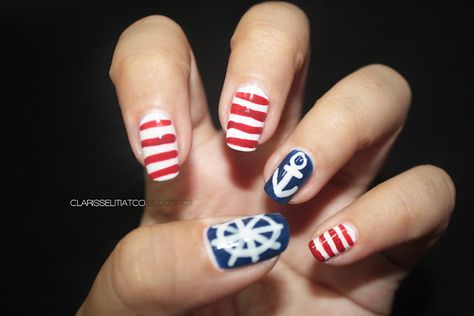 Nautical Nair Art by clitiatco Sailor Nails, Nautical Nail Art, Theme Nails, Nautical Nails, Navy Nails, Uk Nails, Gel Nail Design, Cool Nails, I Love Nails