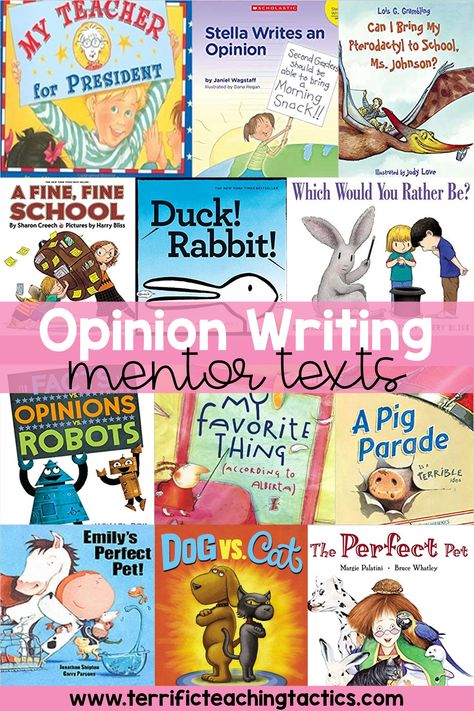 Are you looking for opinion writing mentor texts? If so, you'll love this blog post which is full of 12 opinion writing storybooks. These opinion writing picture books are ideal for kindergarten, first grade, second grade, and third grade elementary students during writing lessons. Some of the persuasive writing story books are - my teacher for president, stella writes an opinion, duck! rabbit!, a fine, fine school, which would you rather be? and can I bring my pterodactyl to school, ms johnson Opinion Writing 3rd Grade, Opinion Writing First Grade, First Grade Opinion Writing, Kindergarten Opinion Writing, Opinion Writing Mentor Text, Opinion Writing Kindergarten, Fact Vs Opinion, One Sharp Bunch, Teaching Opinion Writing