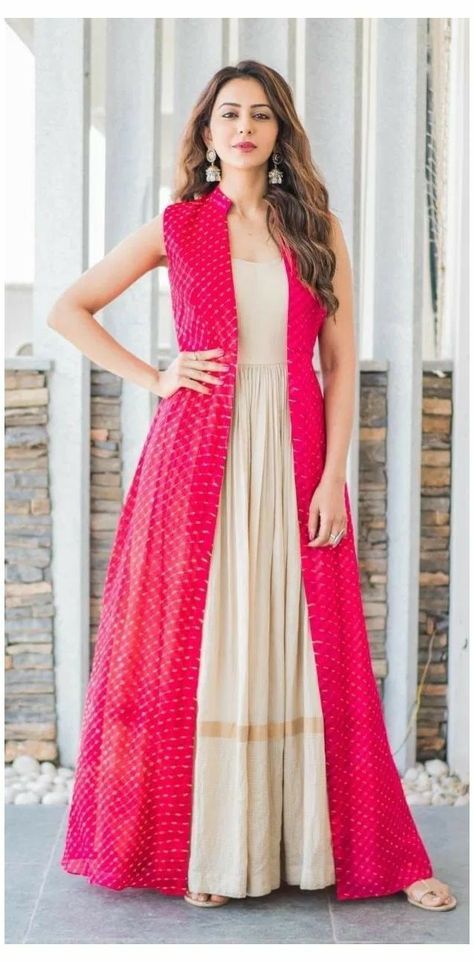 Rakul Preet Traditional Outfits, Dresses With Shrugs Outfit, Salwar With Jacket, Indo Western Outfits From Old Saree, Indian Gowns Dresses With Jacket, Jacket Kurti Designs, Shrug With Dress, Long Dresses Indian Style, Jacket Style Dresses Indian