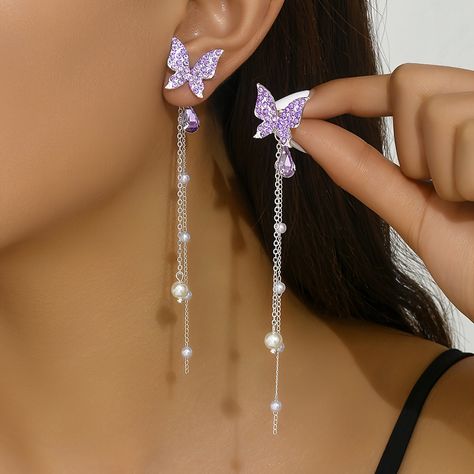 Outfit Pieces, Shotting Photo, Elegant Moments, Butterfly Earrings Stud, Alloy Earrings, Tassel Drop Earrings, Purple Rhinestone, Eid Al Adha, Bow Earrings