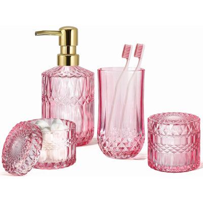 Our bathroom accessories set includes 1 x bathroom soap dispenser, 1 x toothbrush holder, 2 x qtip holders with lids. This black bathroom set with its distinctive vertical striped look is an essential for your bathroom decor, both pretty and functional. High-quality glass is easy to clean, just rinse with water or wipe with a towel. These bathroom accessories are made of thick glass, which will not peel off paint or have an unpleasant odour. The stainless steel pump is made of high-quality 304 material, which is rust-proof and does not fade. It also prevents the glass soap dispenser and pump from leaking during use, and also ensures that the soap dispenser is easy and comfortable to use. Modern stylish bathroom accessories can be matched with any room, such as the master bedroom, guest bed Qtip Holders, Pink Soap Dispenser, Pink Toothbrush, Vintage Bathroom Sink, Black Bathroom Sets, Black Bathroom Accessories Set, Matte Black Bathroom Accessories, Pink Bathroom Accessories, Glass Bathroom Accessories